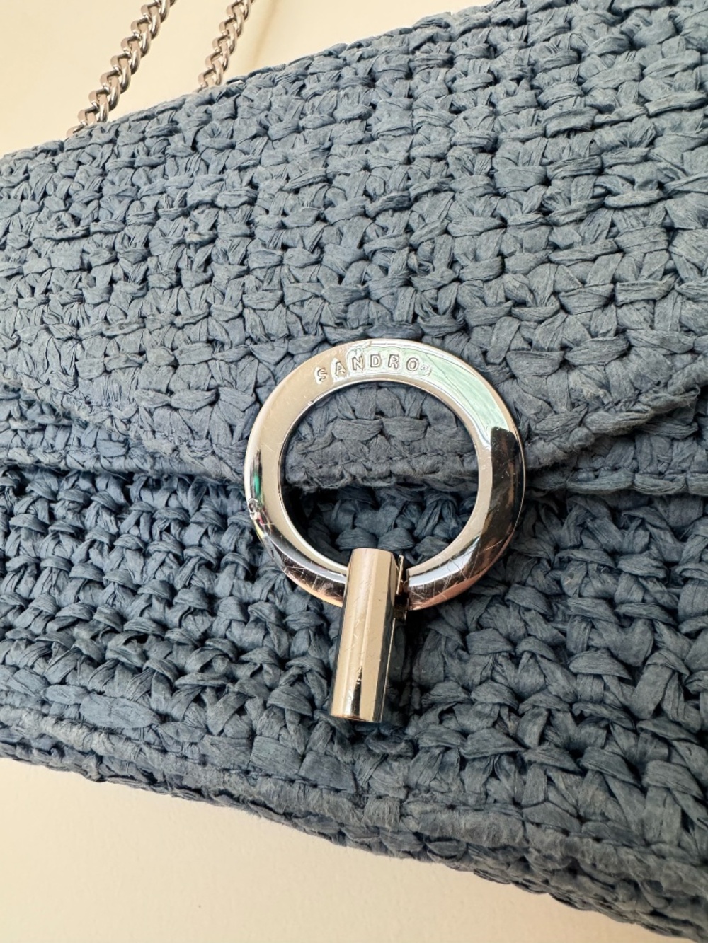 Sandro Raffia YZA Blue Woven Shoulder Bag with Chain Strap - Picture 4 of 14